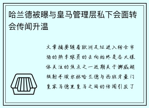 哈兰德被曝与皇马管理层私下会面转会传闻升温