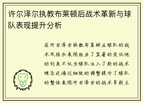 许尔泽尔执教布莱顿后战术革新与球队表现提升分析 许尔泽尔执教布莱顿后战术革新与球队表现提升分析