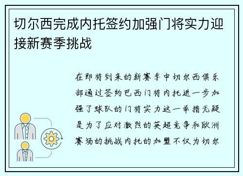 切尔西完成内托签约加强门将实力迎接新赛季挑战
